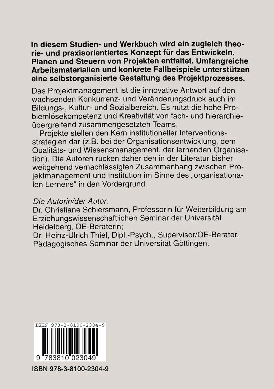 Rückseite: 9783810023049 | Projektmanagement als organisationales Lernen | Thiel (u. a.) | Buch