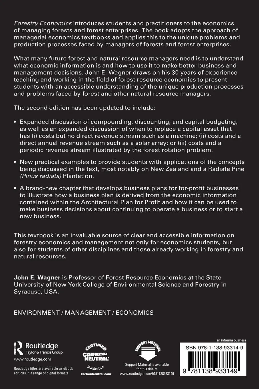 Rückseite: 9781138933149 | Forestry Economics | A Managerial Approach | John E. Wagner | Buch