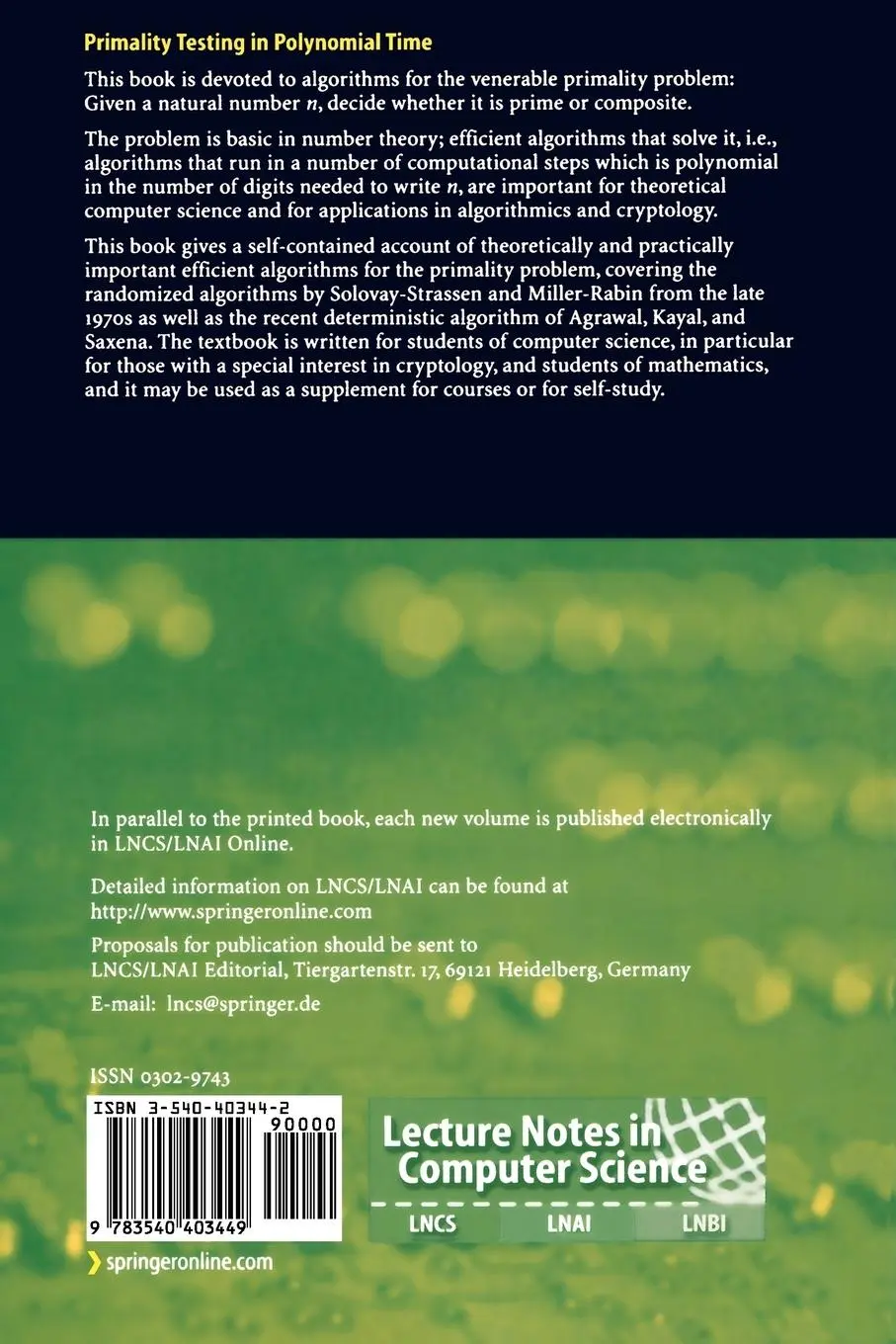 Rückseite: 9783540403449 | Primality Testing in Polynomial Time | Martin Dietzfelbinger | Buch