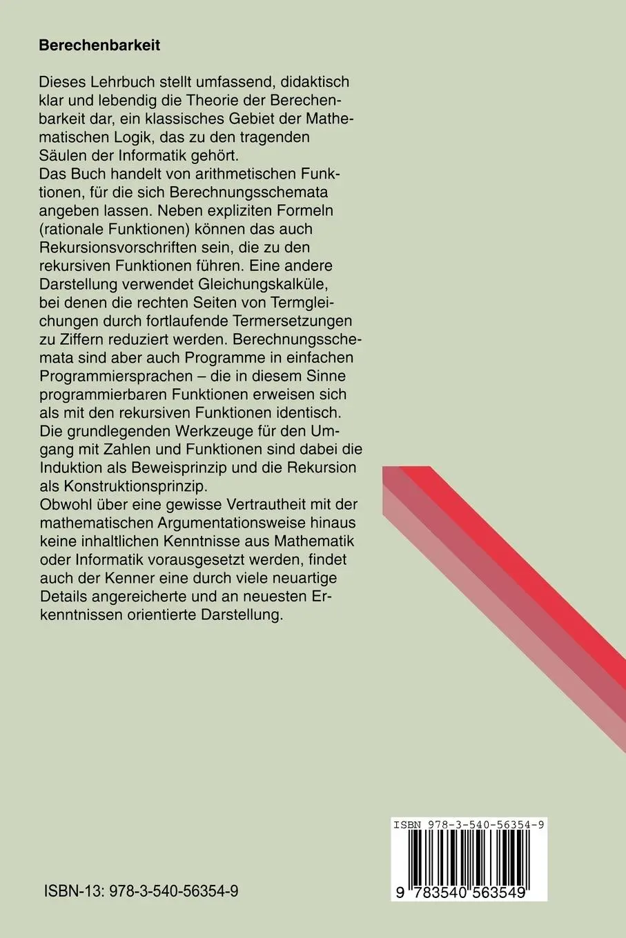 Rückseite: 9783540563549 | Berechenbarkeit | Rekursive und Programmierbare Funktionen | Felscher