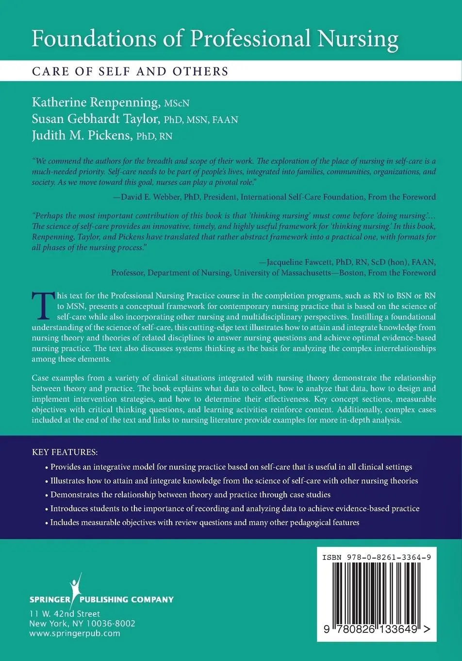 Rückseite: 9780826133649 | Foundations of Professional Nursing | Care of Self and Others | Buch