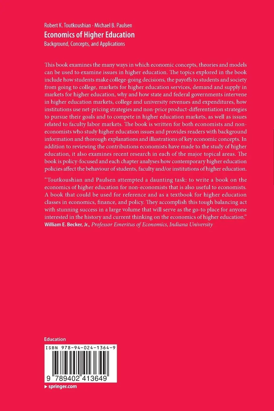 Rückseite: 9789402413649 | Economics of Higher Education | Background, Concepts, and Applications