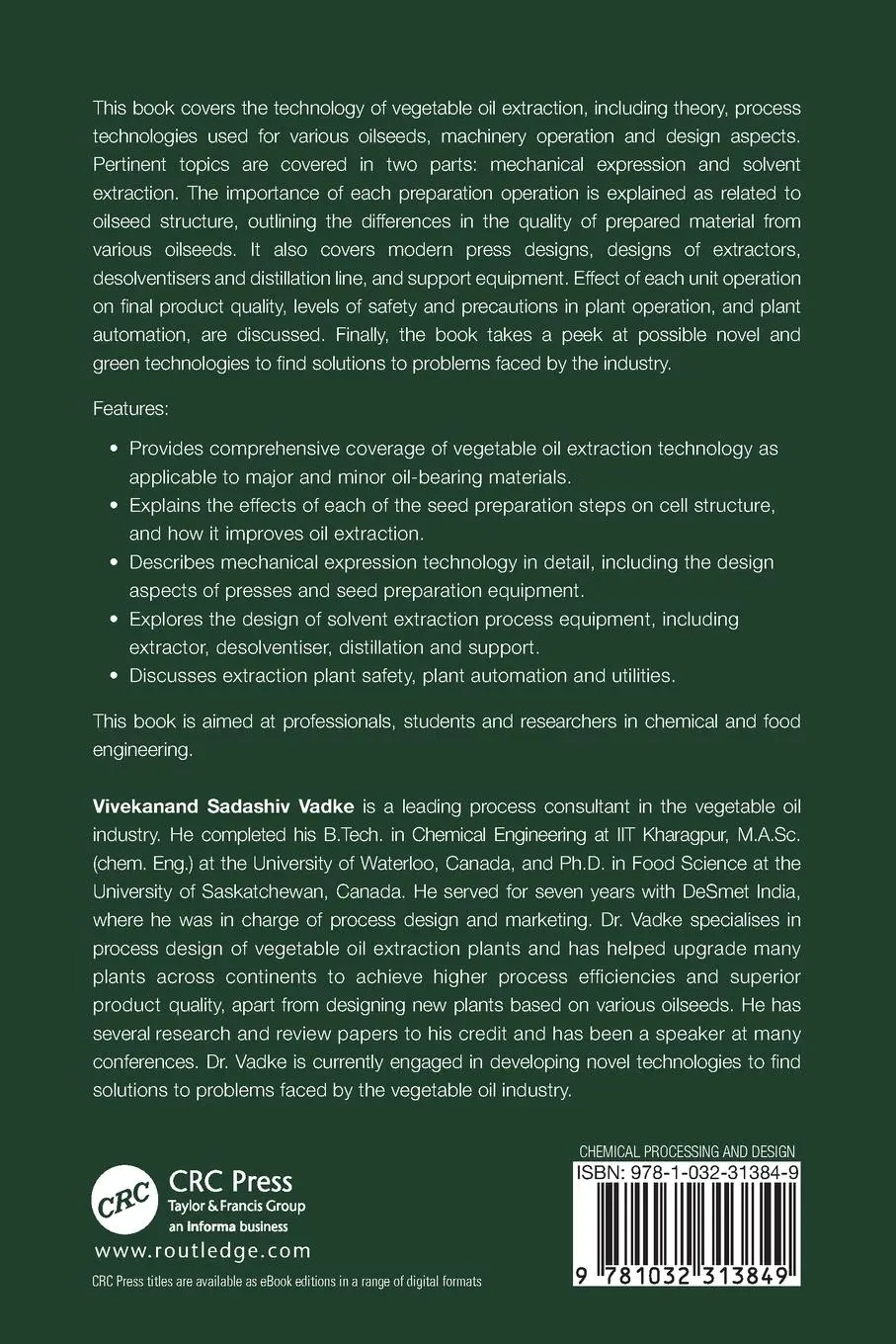 Rückseite: 9781032313849 | Principles of Vegetable Oil Extraction | Vivekanand Sadashiv Vadke