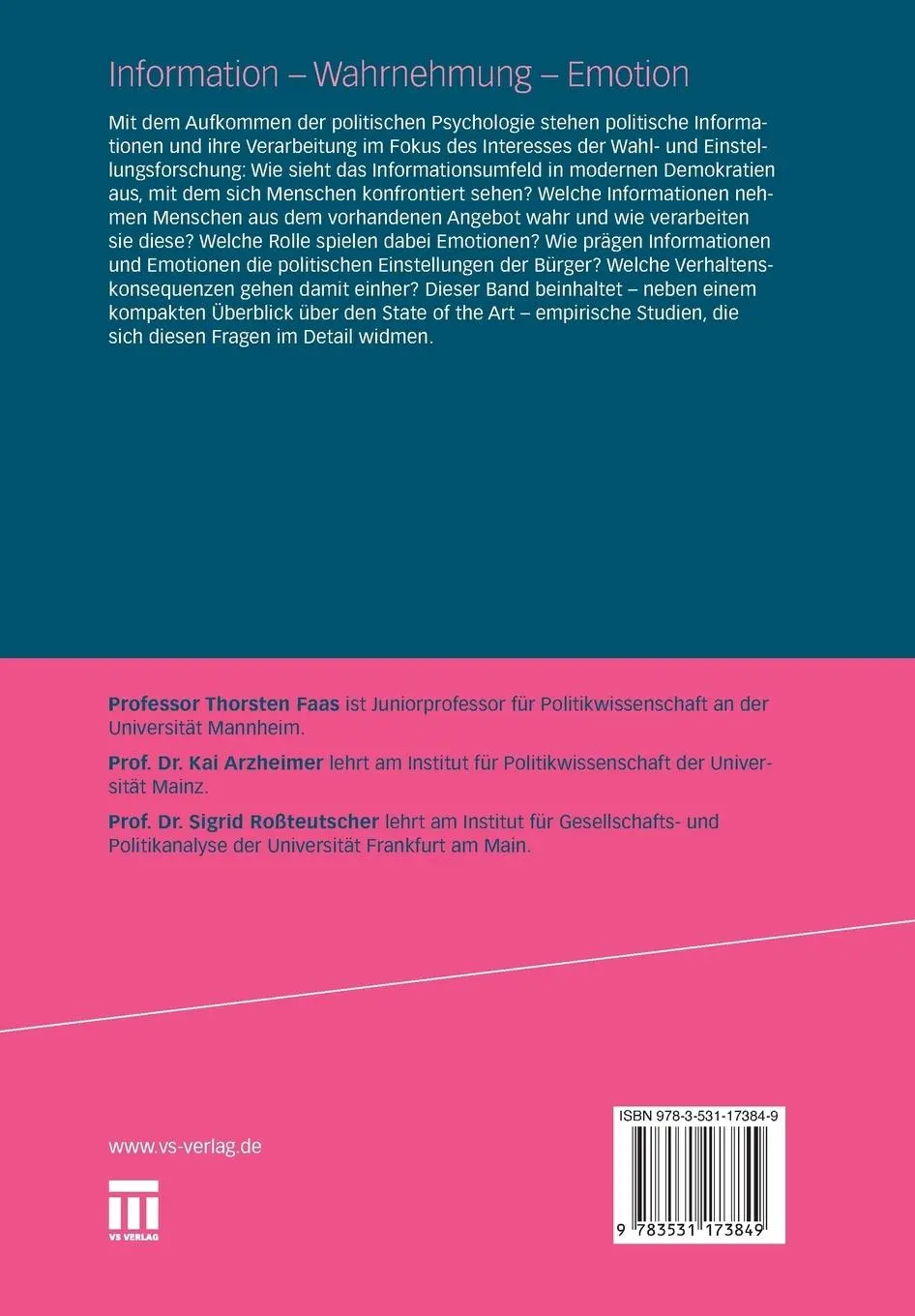 Rückseite: 9783531173849 | Information - Wahrnehmung - Emotion | Thorsten Faas (u. a.) | Buch