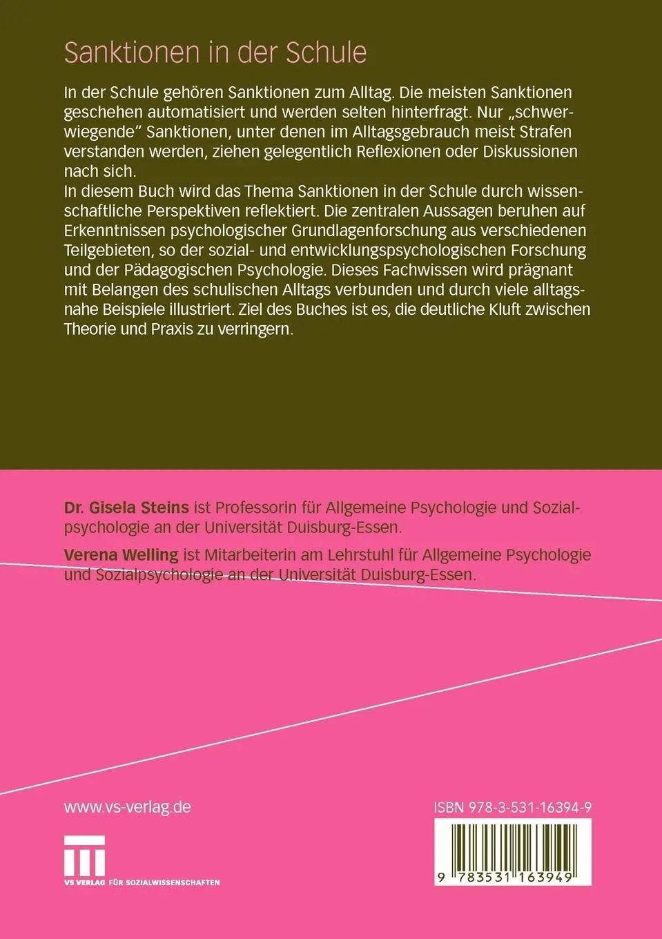 Rückseite: 9783531163949 | Sanktionen in der Schule | Grundlagen und Anwendung | Welling (u. a.)