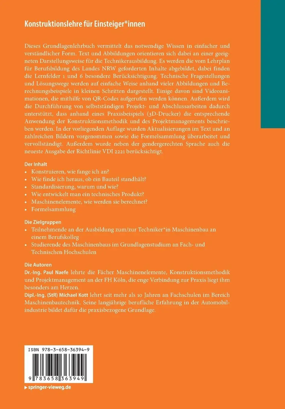 Rückseite: 9783658363949 | Konstruktionslehre für Einsteiger*innen | Paul Naefe (u. a.) | Buch