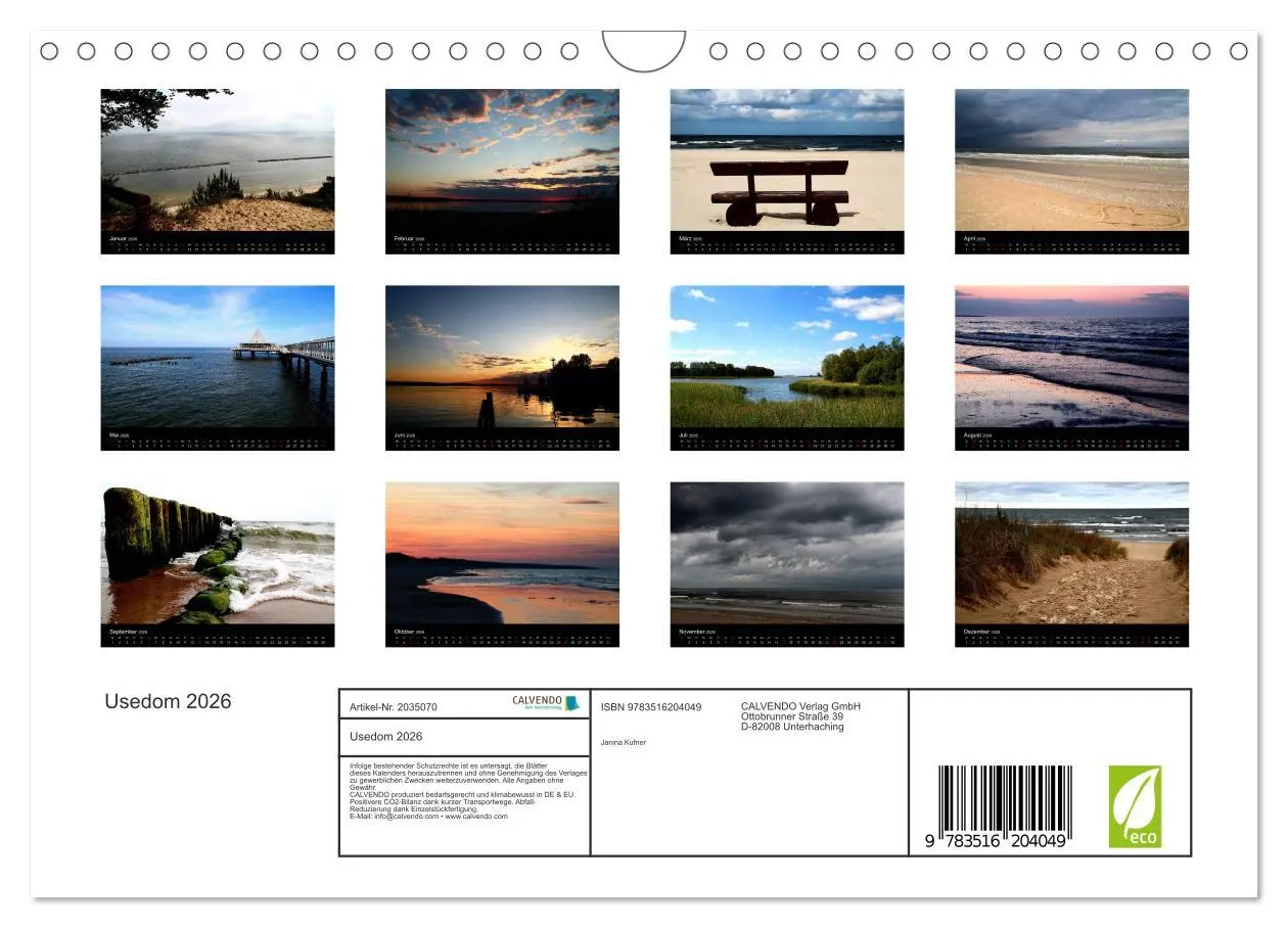 Bild: 9783516204049 | Usedom 2026 (Wandkalender 2026 DIN A4 quer), CALVENDO Monatskalender