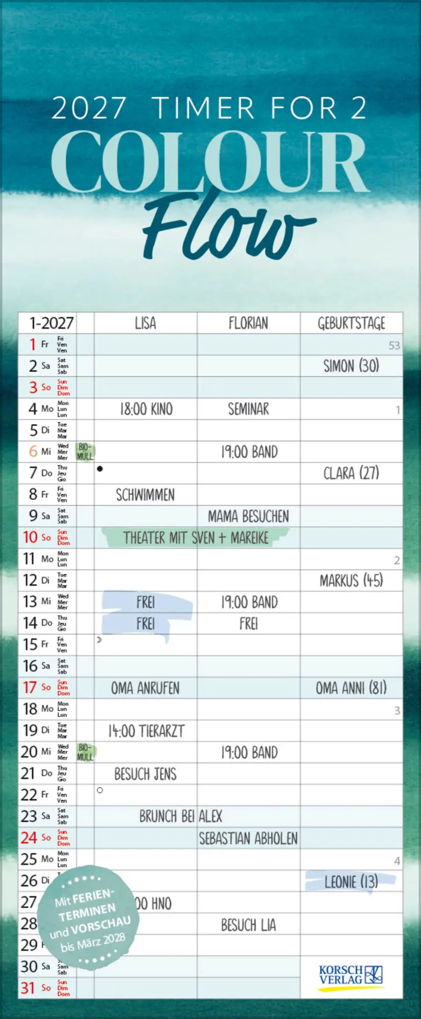 Cover: 9783819304149 | Timer for 2 Colourflow 2027 | Verlag Korsch | Kalender | 14 S. | 2027