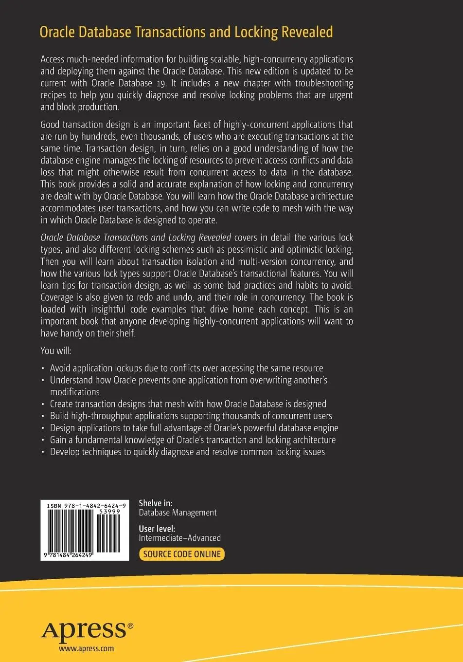 Rückseite: 9781484264249 | Oracle Database Transactions and Locking Revealed | Kyte (u. a.)