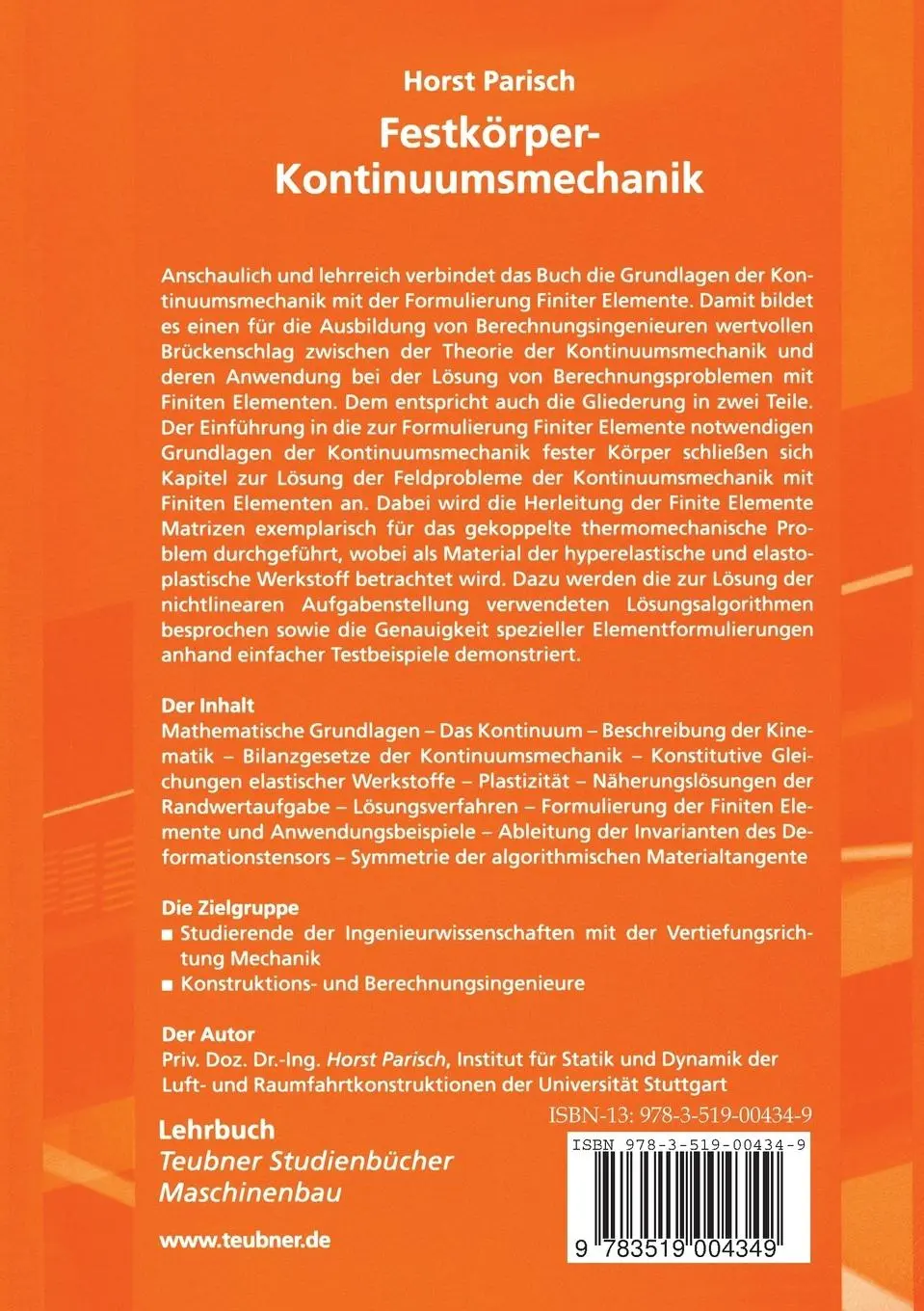 Rückseite: 9783519004349 | Festkörper-Kontinuumsmechanik | Horst Parisch | Taschenbuch | xxiv