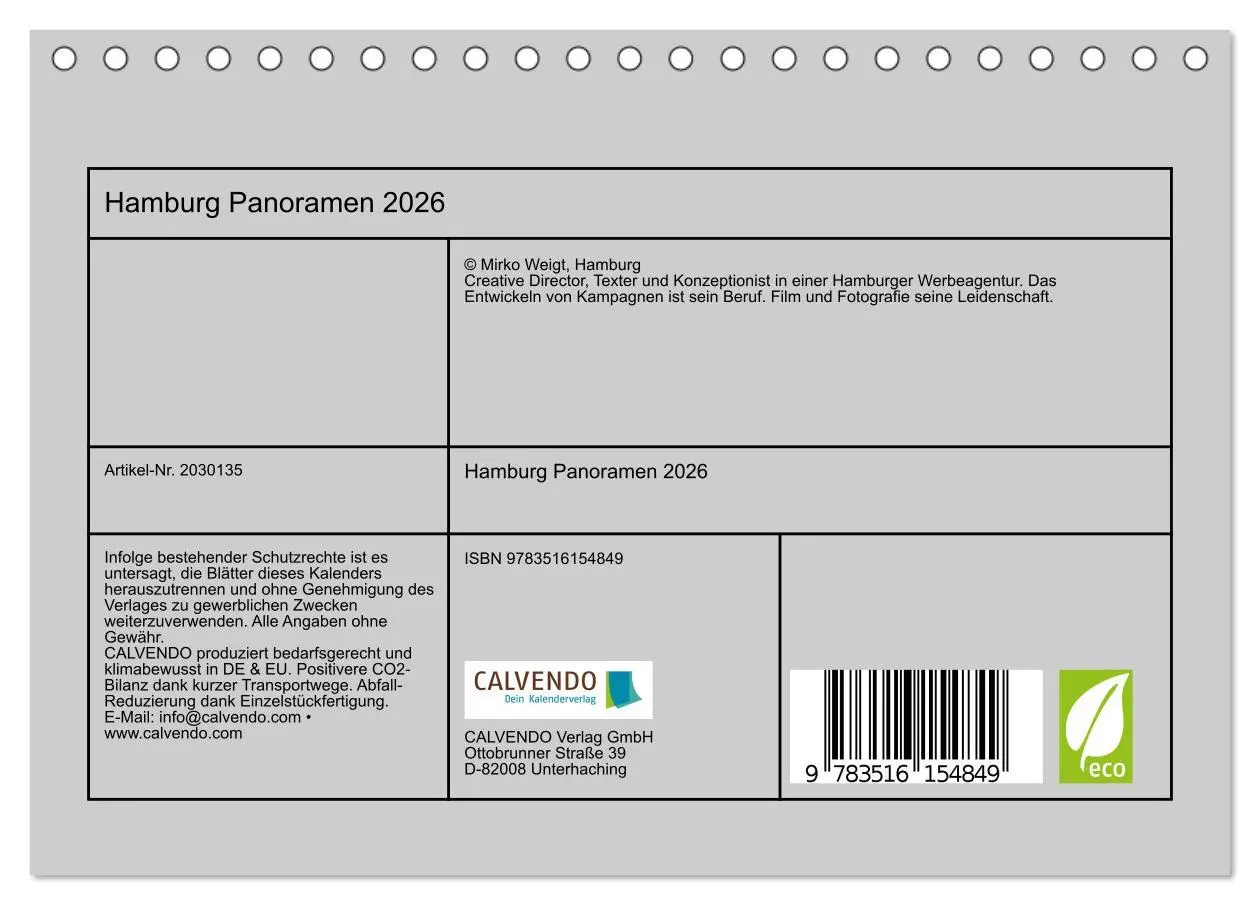 Bild: 9783516154849 | Hamburg Panoramen 2026 (Tischkalender 2026 DIN A5 quer), CALVENDO...