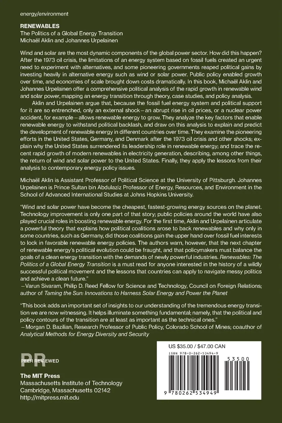 Rückseite: 9780262534949 | Renewables | The Politics of a Global Energy Transition | Taschenbuch