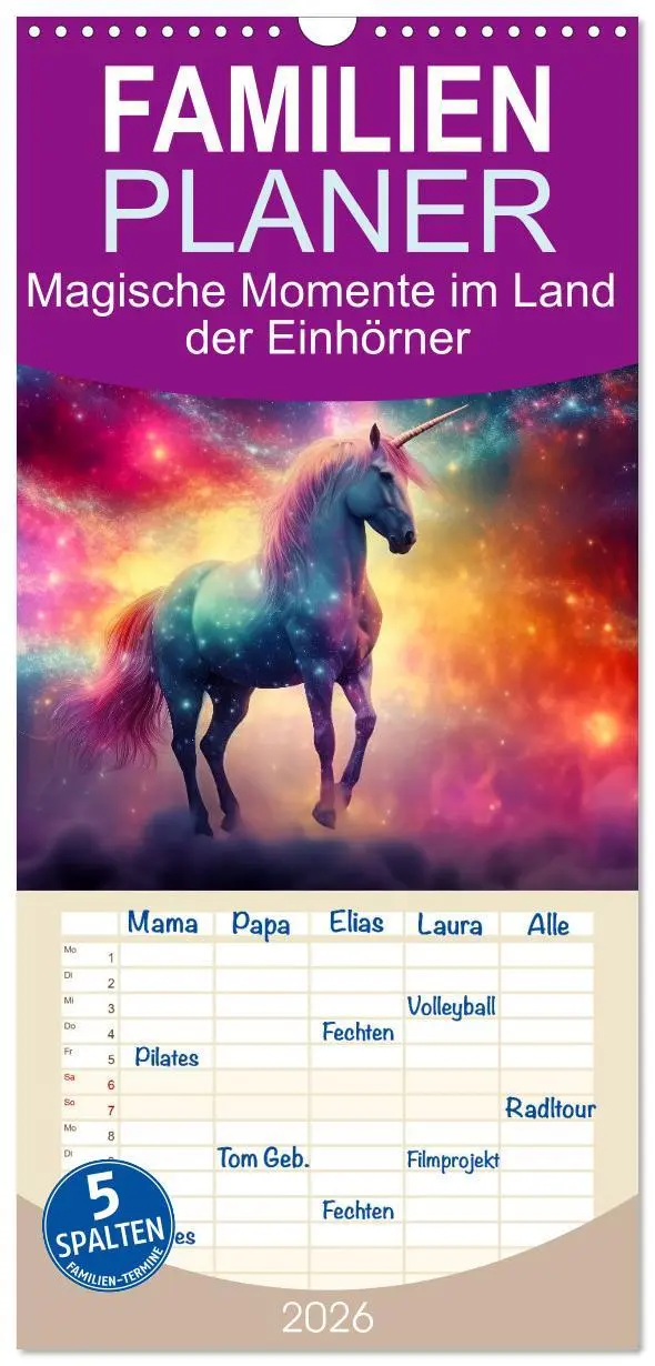 Cover: 9783516495249 | Familienplaner 2026 - Magische Momente im Land der Einhörner mit 5...
