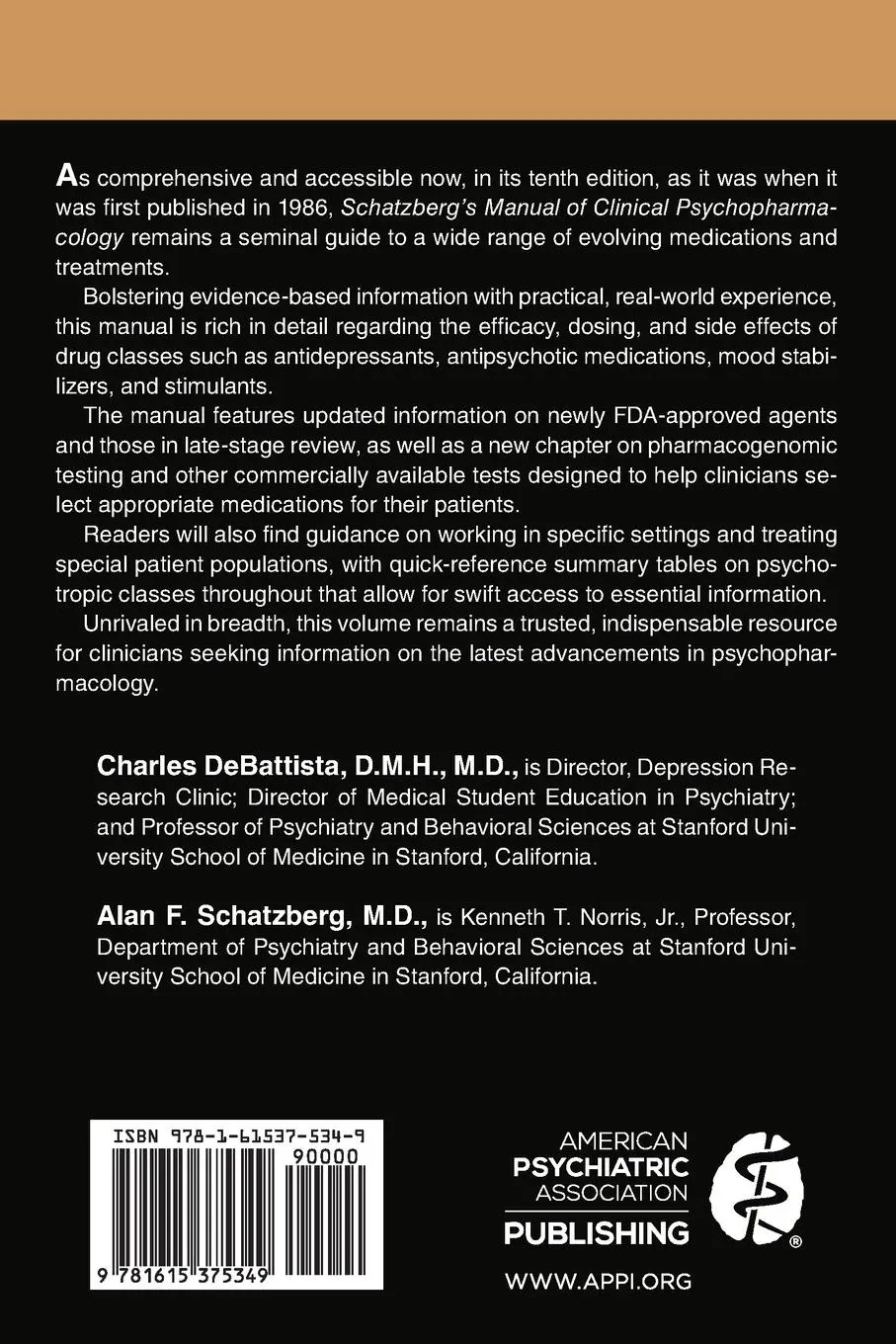 Rückseite: 9781615375349 | Schatzberg's Manual of Clinical Psychopharmacology | Taschenbuch