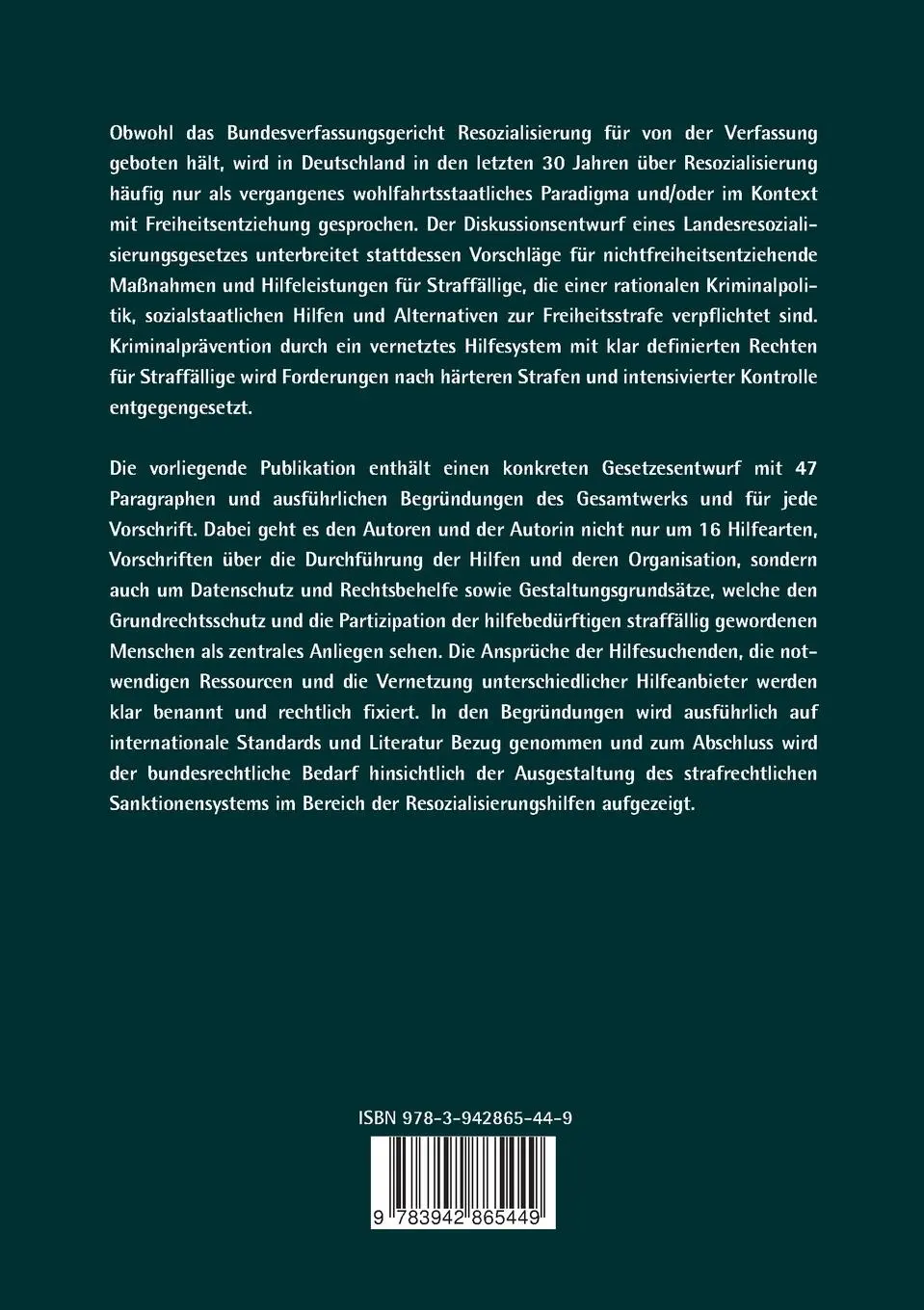 Rückseite: 9783942865449 | Diskussionsentwurf für ein Landesresozialisierungsgesetz | Taschenbuch