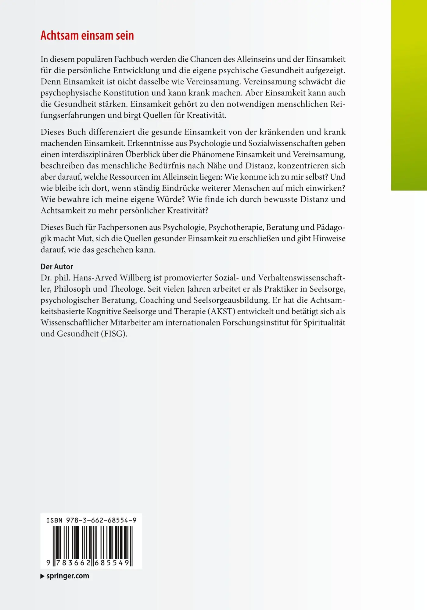 Rückseite: 9783662685549 | Achtsam einsam sein | Hans-Arved Willberg | Taschenbuch | viii | 2024