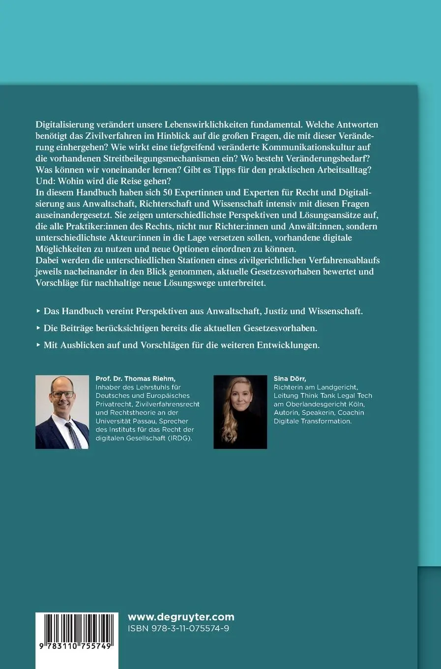 Rückseite: 9783110755749 | Digitalisierung und Zivilverfahren | Sina Dörr (u. a.) | Buch | XLII