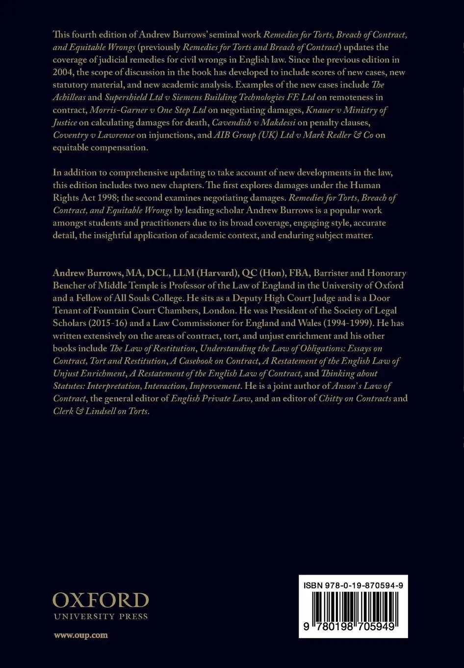 Rückseite: 9780198705949 | Remedies for Torts, Breach of Contract, and Equitable Wrongs | Fba