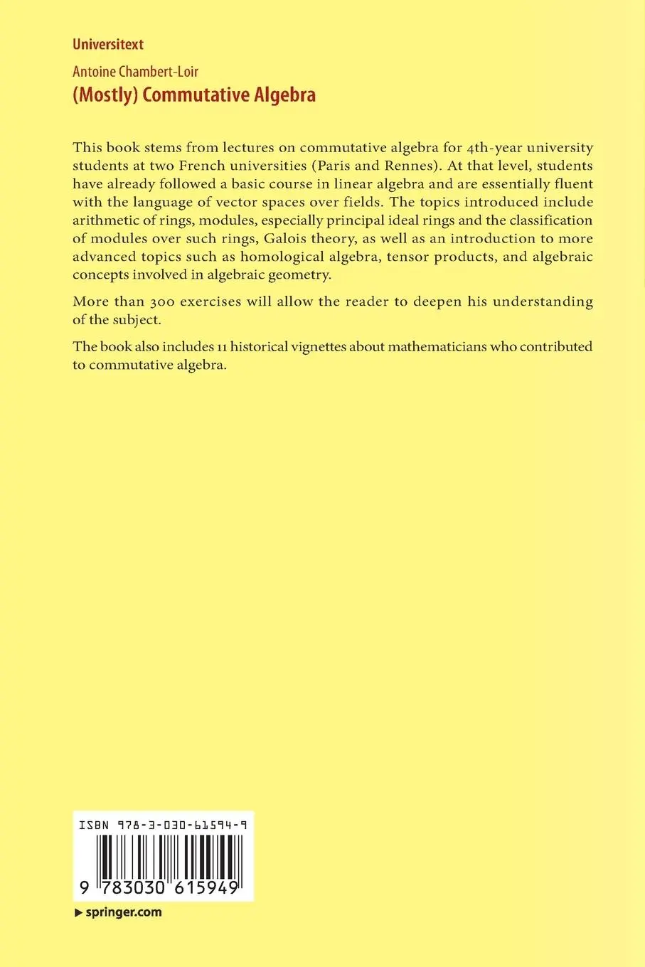 Rückseite: 9783030615949 | (Mostly) Commutative Algebra | Antoine Chambert-Loir | Taschenbuch