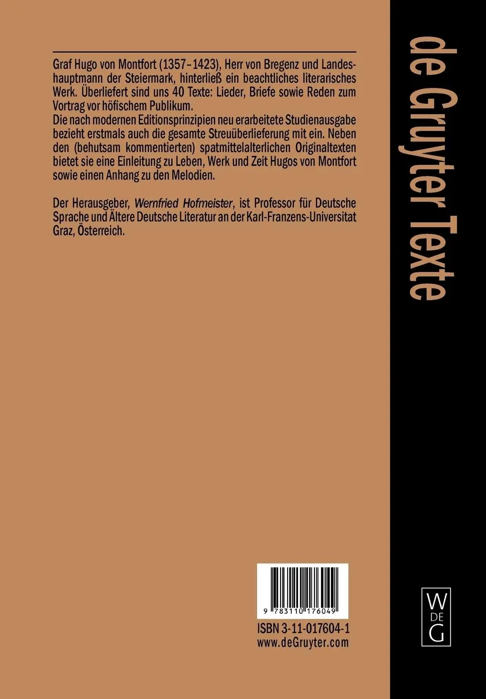 Rückseite: 9783110176049 | Das poetische Werk | Mit einem Melodienanhang | Hugo von Montfort | XL