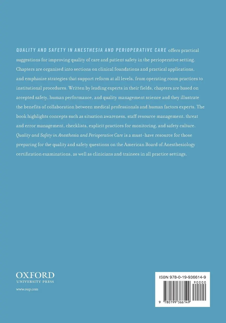 Rückseite: 9780199366149 | Quality and Safety in Anesthesia and Perioperative Care | Taschenbuch