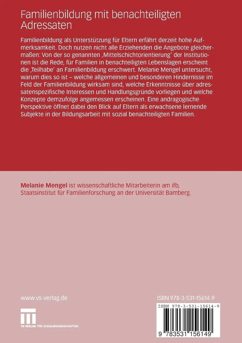 Rückseite: 9783531156149 | Familienbildung mit benachteiligten Adressaten | Melanie Mengel | Buch