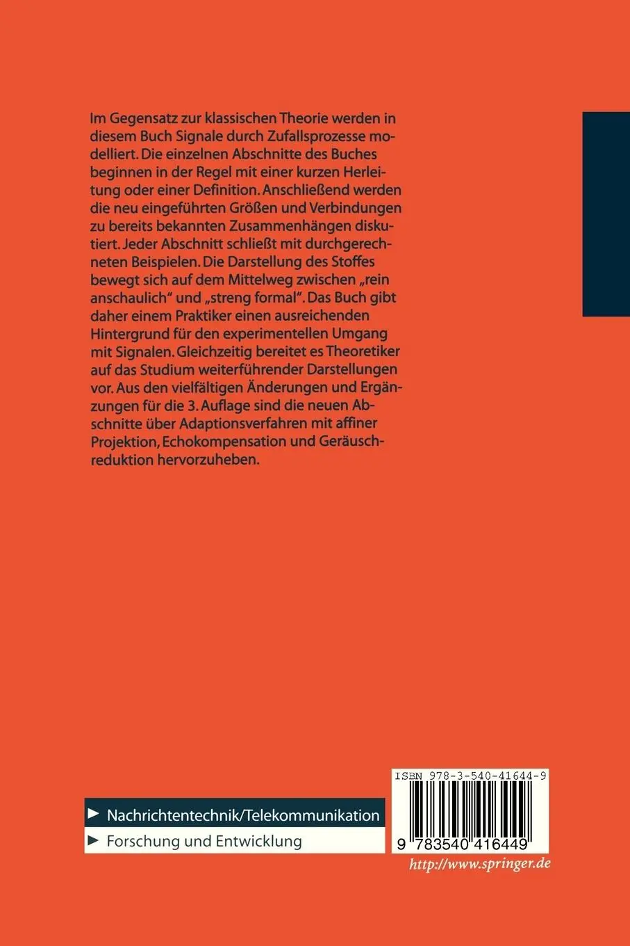 Rückseite: 9783540416449 | Statistische Signale | Grundlagen und Anwendungen | Eberhard Hänsler