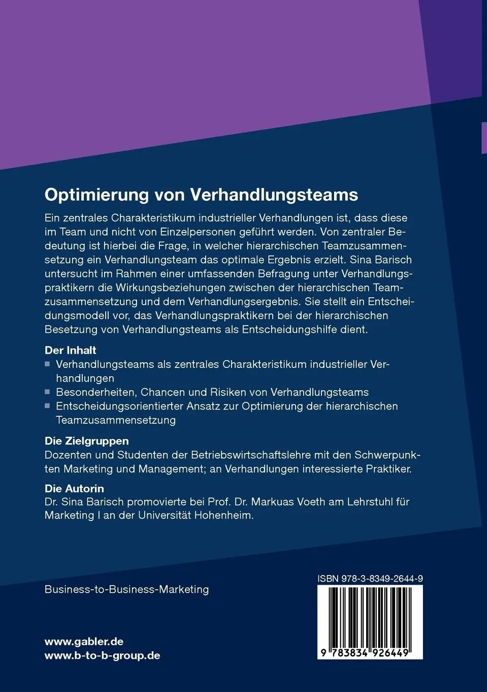 Rückseite: 9783834926449 | Optimierung von Verhandlungsteams | Der Einflussfaktor Hierarchie