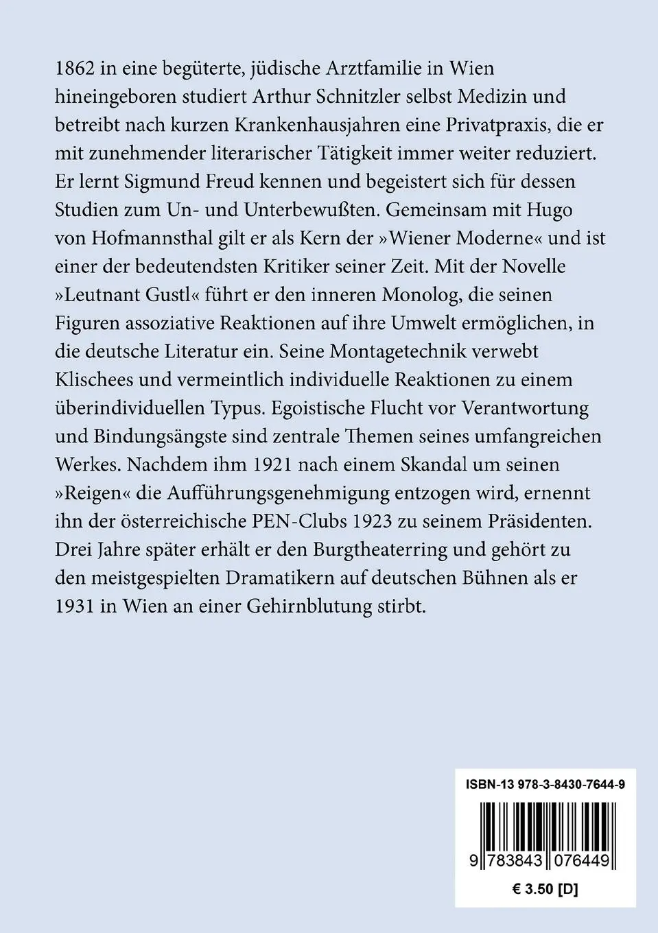 Rückseite: 9783843076449 | Leutnant Gustl | Arthur Schnitzler | Taschenbuch | 36 S. | Deutsch