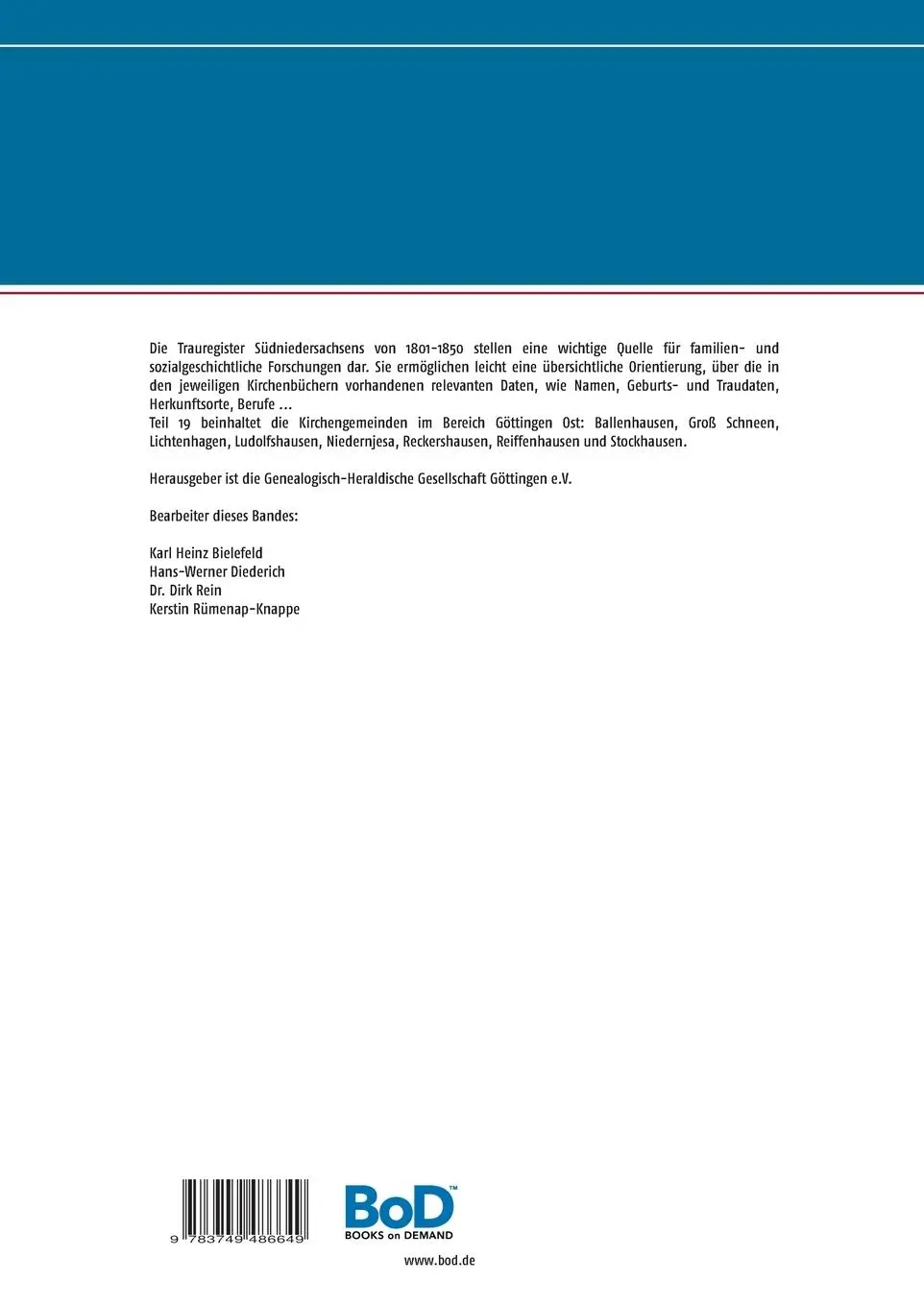 Rückseite: 9783749486649 | Trauregister aus den Kirchenbüchern Südniedersachsens 1801 - 1850 | V.