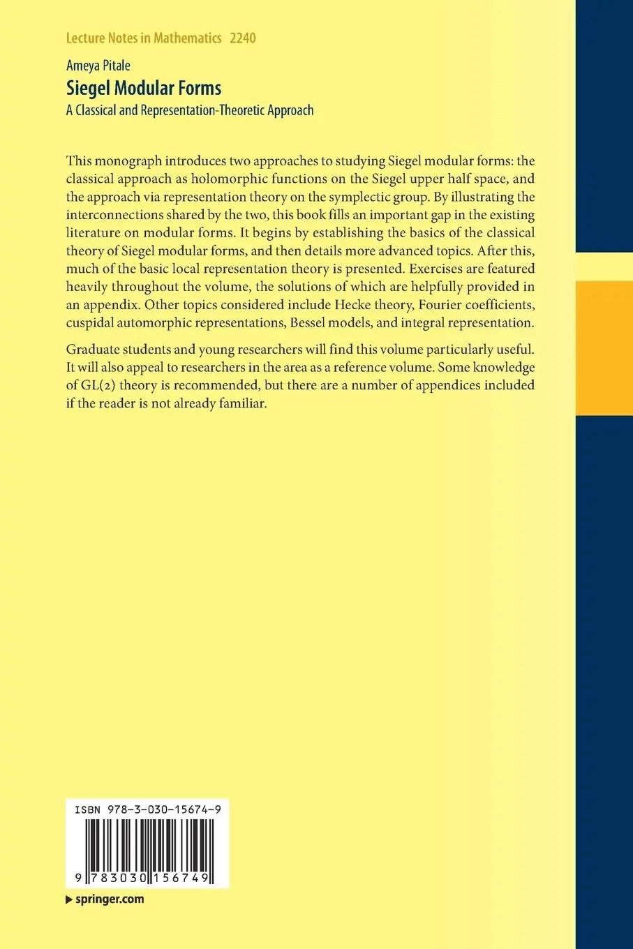 Rückseite: 9783030156749 | Siegel Modular Forms | Ameya Pitale | Taschenbuch | ix | Englisch
