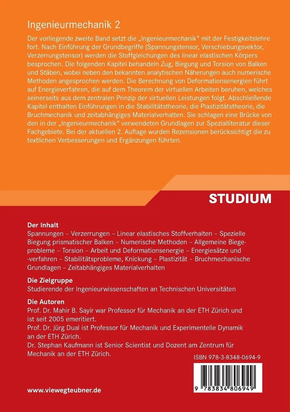 Rückseite: 9783834806949 | Ingenieurmechanik 2 | Deformierbare Körper | Mahir Sayir (u. a.)