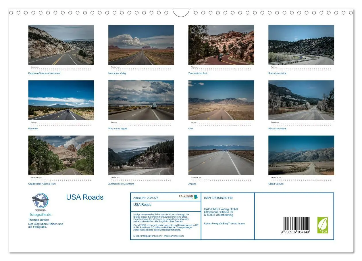 Bild: 9783516067149 | USA Roads (Wandkalender 2026 DIN A3 quer), CALVENDO Monatskalender