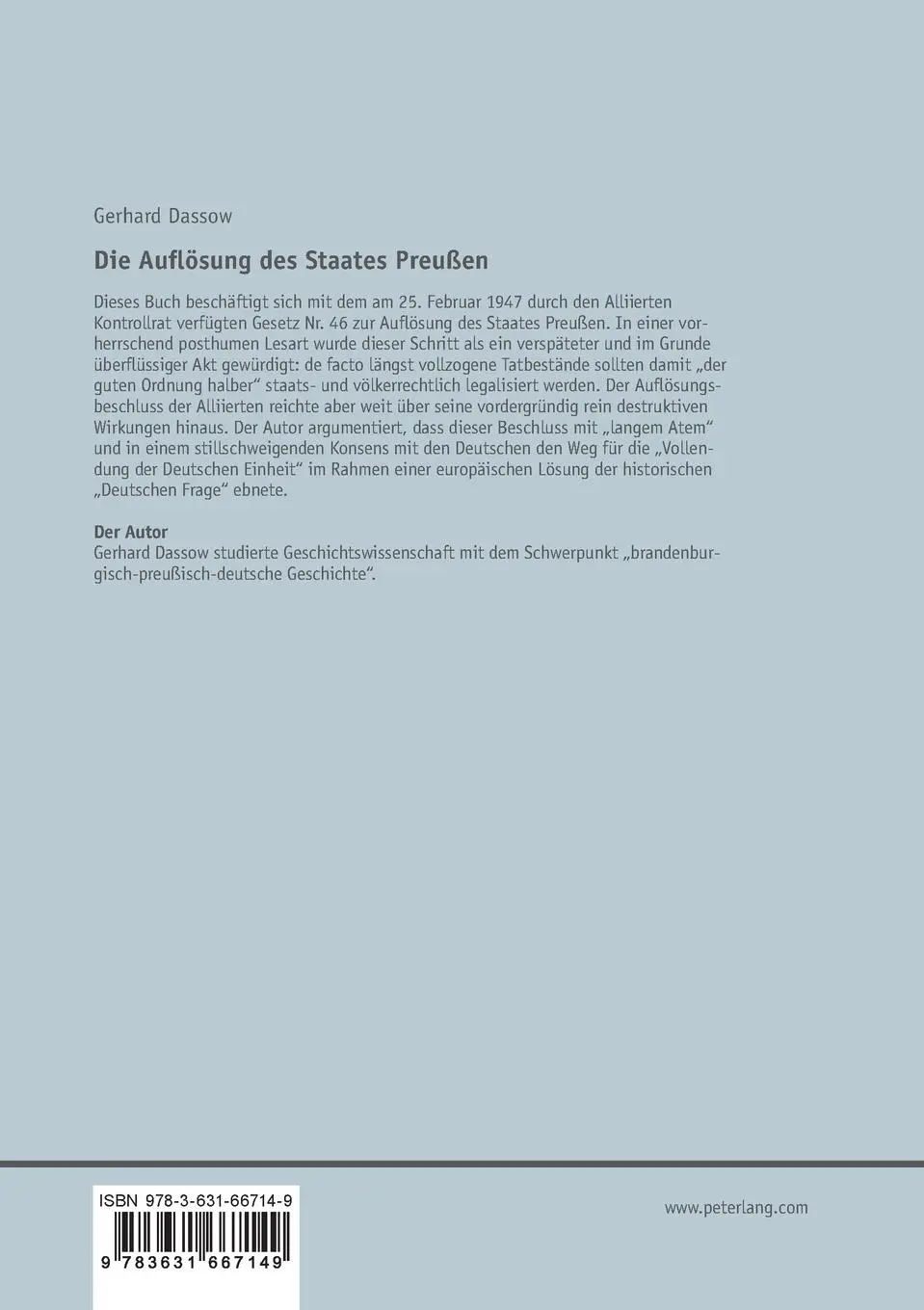 Rückseite: 9783631667149 | Die Auflösung des Staates Preußen | Gerhard Dassow | Taschenbuch