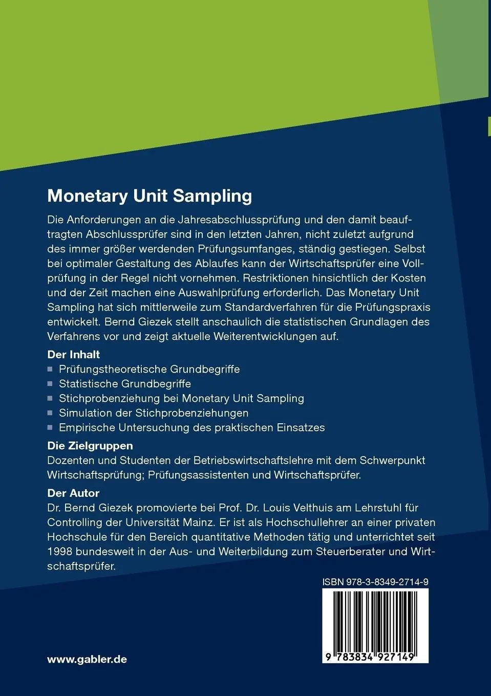 Rückseite: 9783834927149 | Monetary Unit Sampling | Bernd Giezek | Taschenbuch | Paperback | 2011