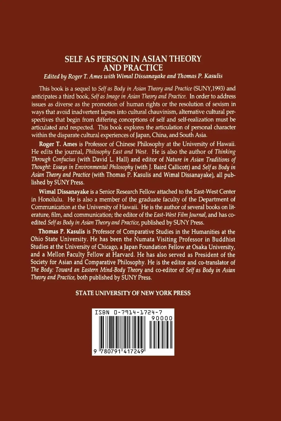 Rückseite: 9780791417249 | Self as Person in Asian Theory and Practice | Roger T. Ames (u. a.)