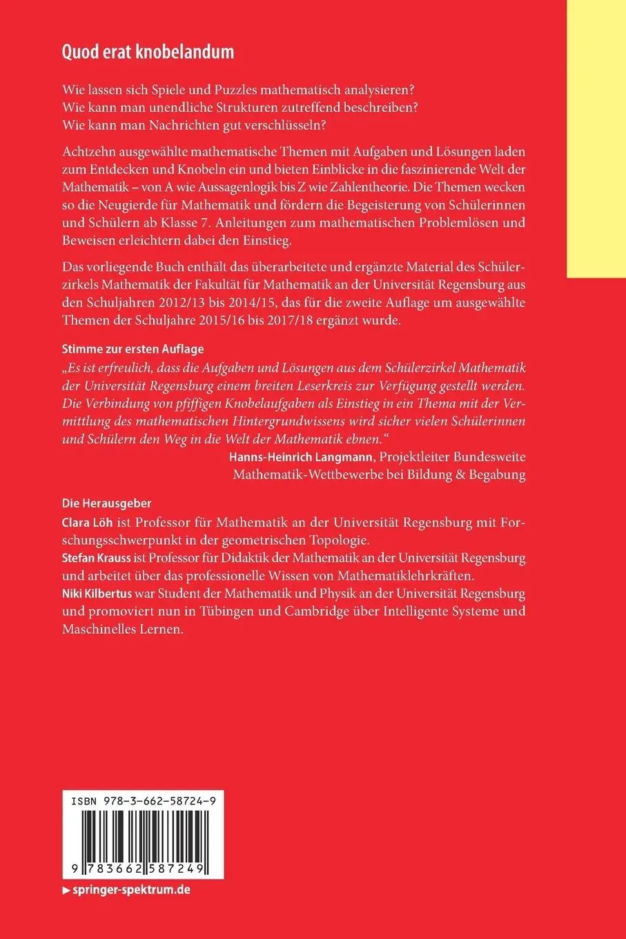 Rückseite: 9783662587249 | Quod erat knobelandum | Clara Löh (u. a.) | Taschenbuch | xv | Deutsch