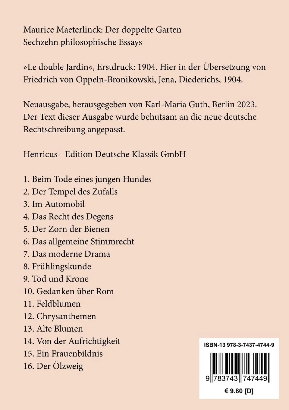 Rückseite: 9783743747449 | Der doppelte Garten | Sechzehn philosophische Essays | Maeterlinck