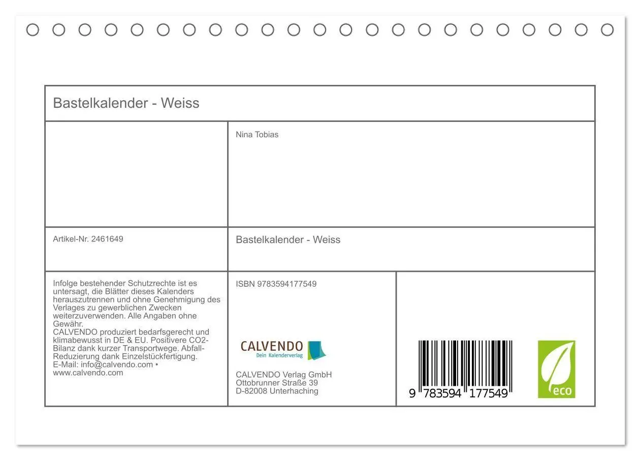 Bild: 9783594177549 | Bastelkalender - Weiss (Tischkalender 2027 DIN A5 quer), CALVENDO...
