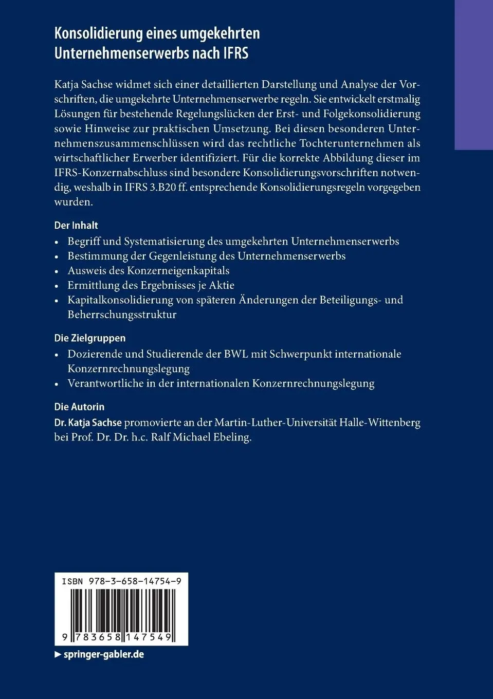 Rückseite: 9783658147549 | Konsolidierung eines umgekehrten Unternehmenserwerbs nach IFRS | Buch