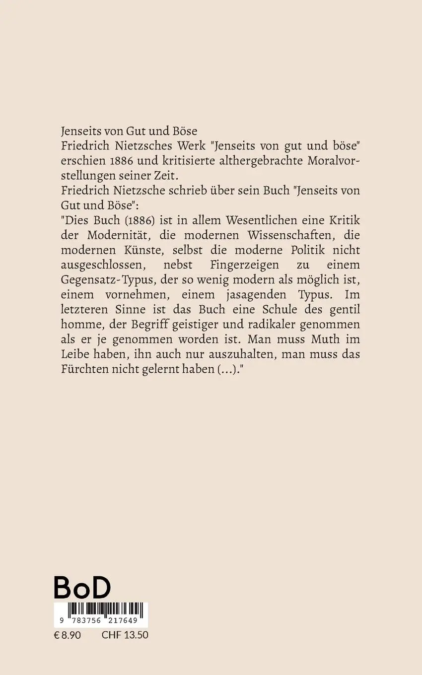 Rückseite: 9783756217649 | Jenseits von Gut und Böse | Friedrich Nietzsche | Taschenbuch | 192 S.