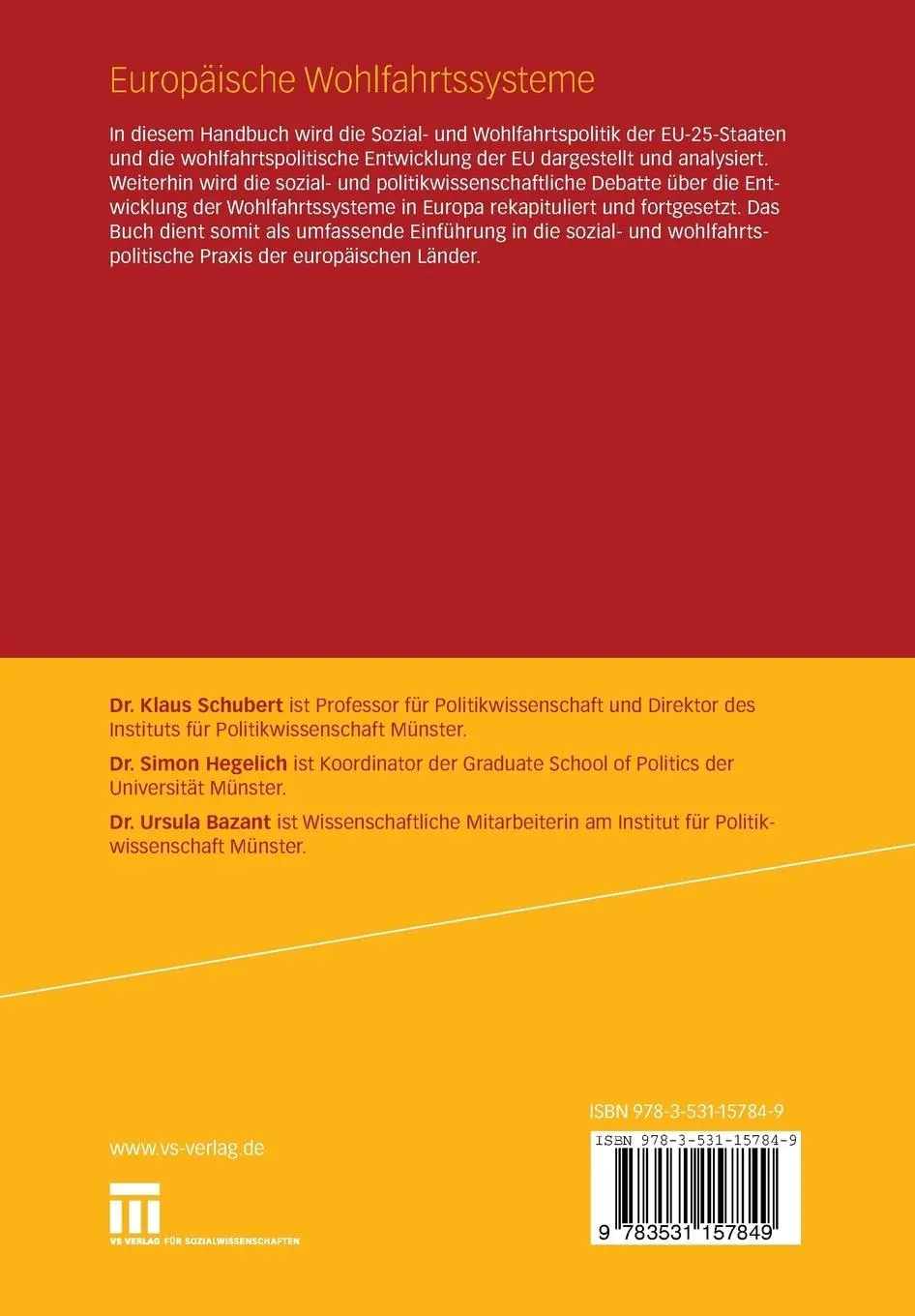 Rückseite: 9783531157849 | Europäische Wohlfahrtssysteme | Ein Handbuch | Klaus Schubert (u. a.)
