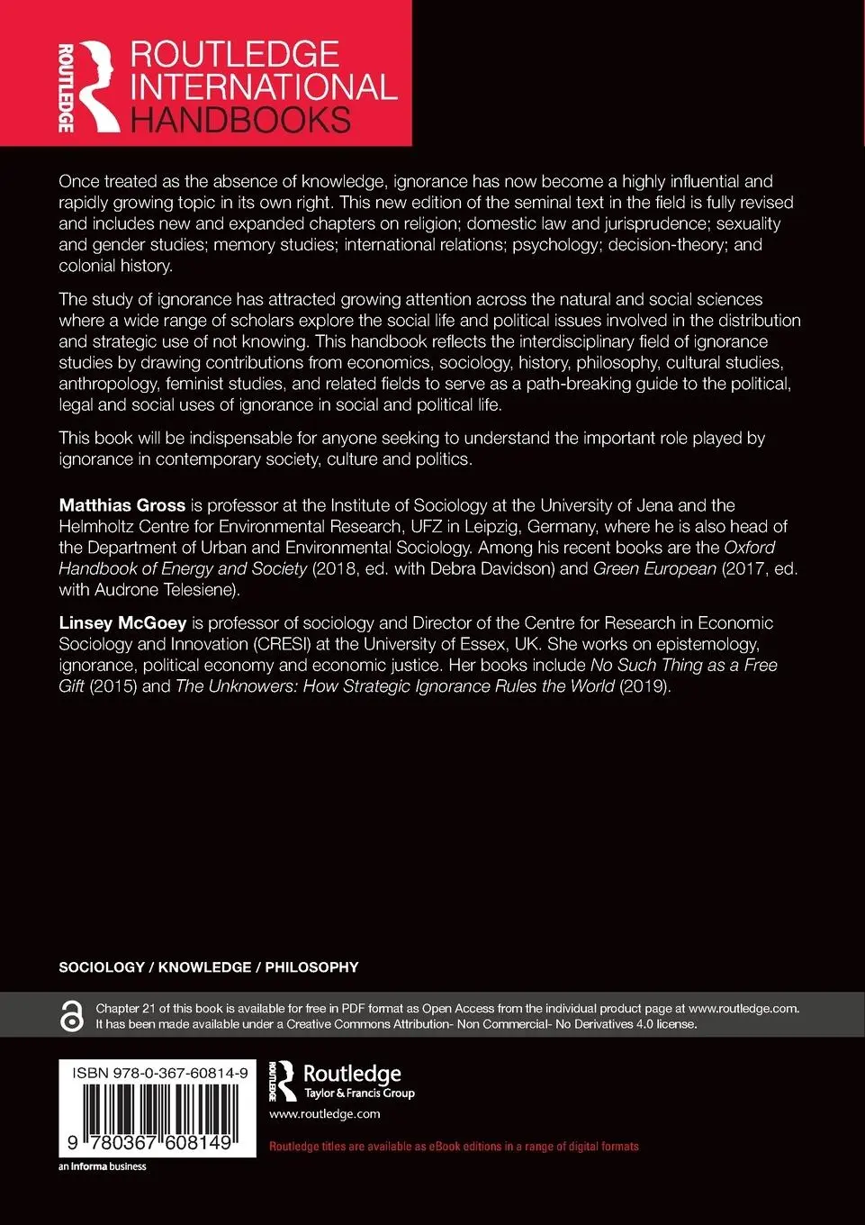 Rückseite: 9780367608149 | Routledge International Handbook of Ignorance Studies | Gross (u. a.)