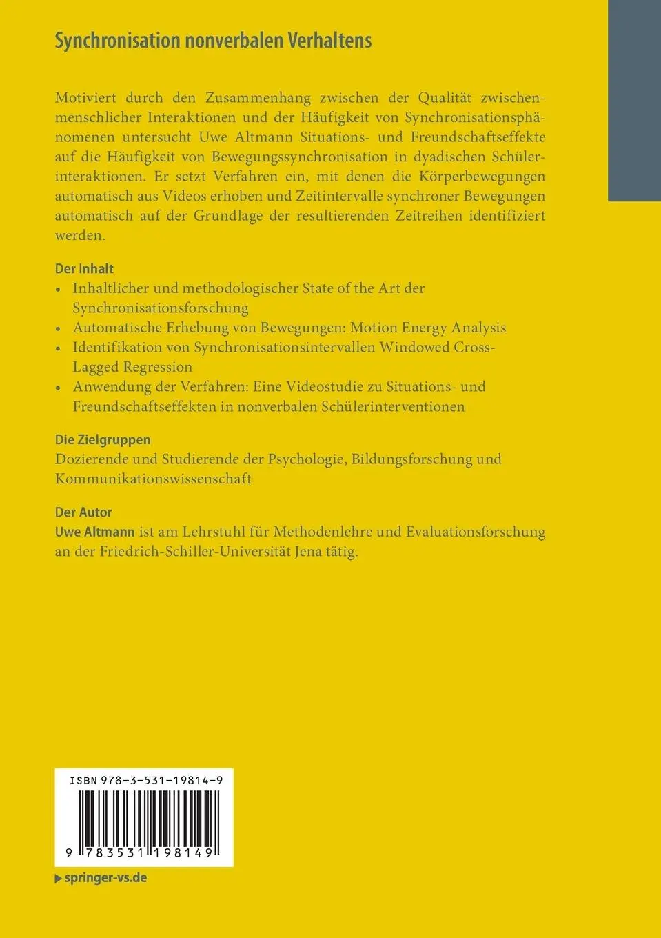 Rückseite: 9783531198149 | Synchronisation nonverbalen Verhaltens | Uwe Altmann | Taschenbuch