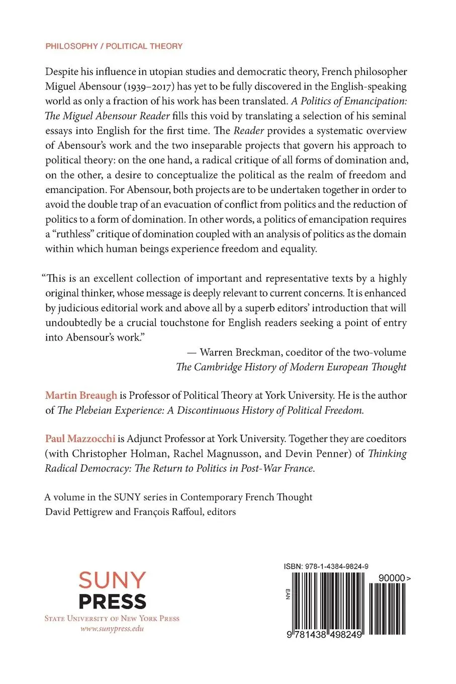 Rückseite: 9781438498249 | A Politics of Emancipation | The Miguel Abensour Reader | Abensour