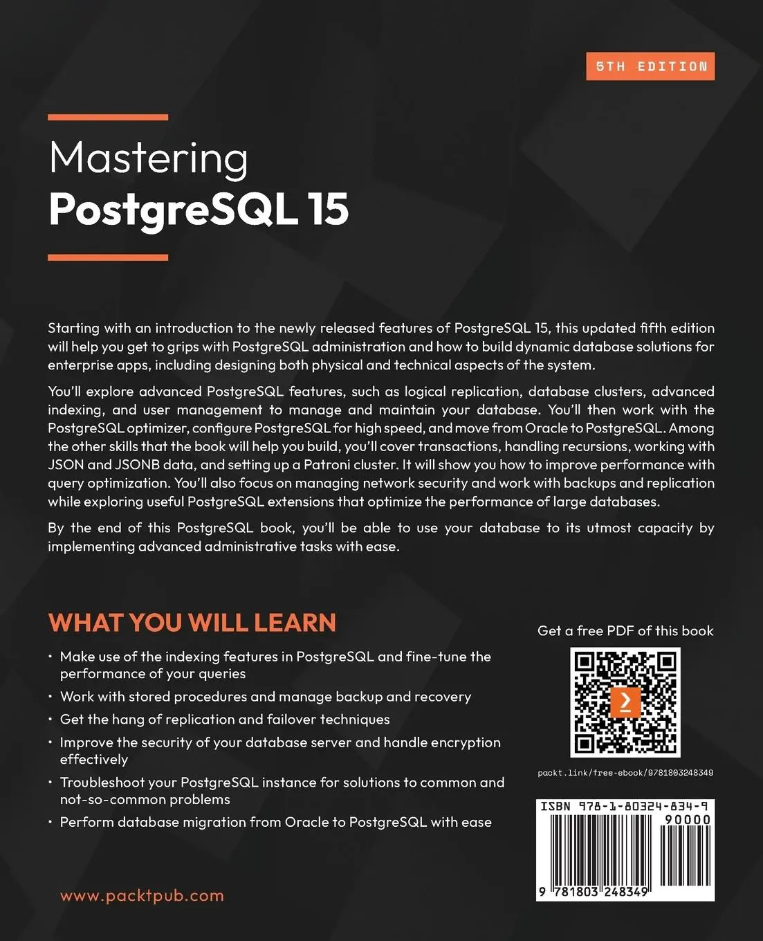 Rückseite: 9781803248349 | Mastering PostgreSQL 15 - Fifth Edition | Hans-Jürgen Schönig | Buch