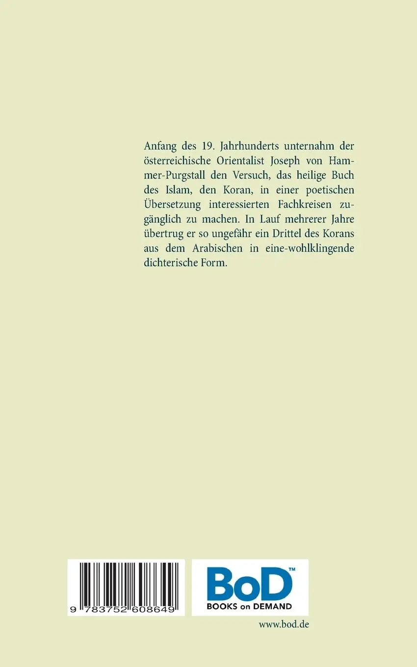 Rückseite: 9783752608649 | Der Koran in poetischer Übertragung | Joseph Von Hammer-Purgstall