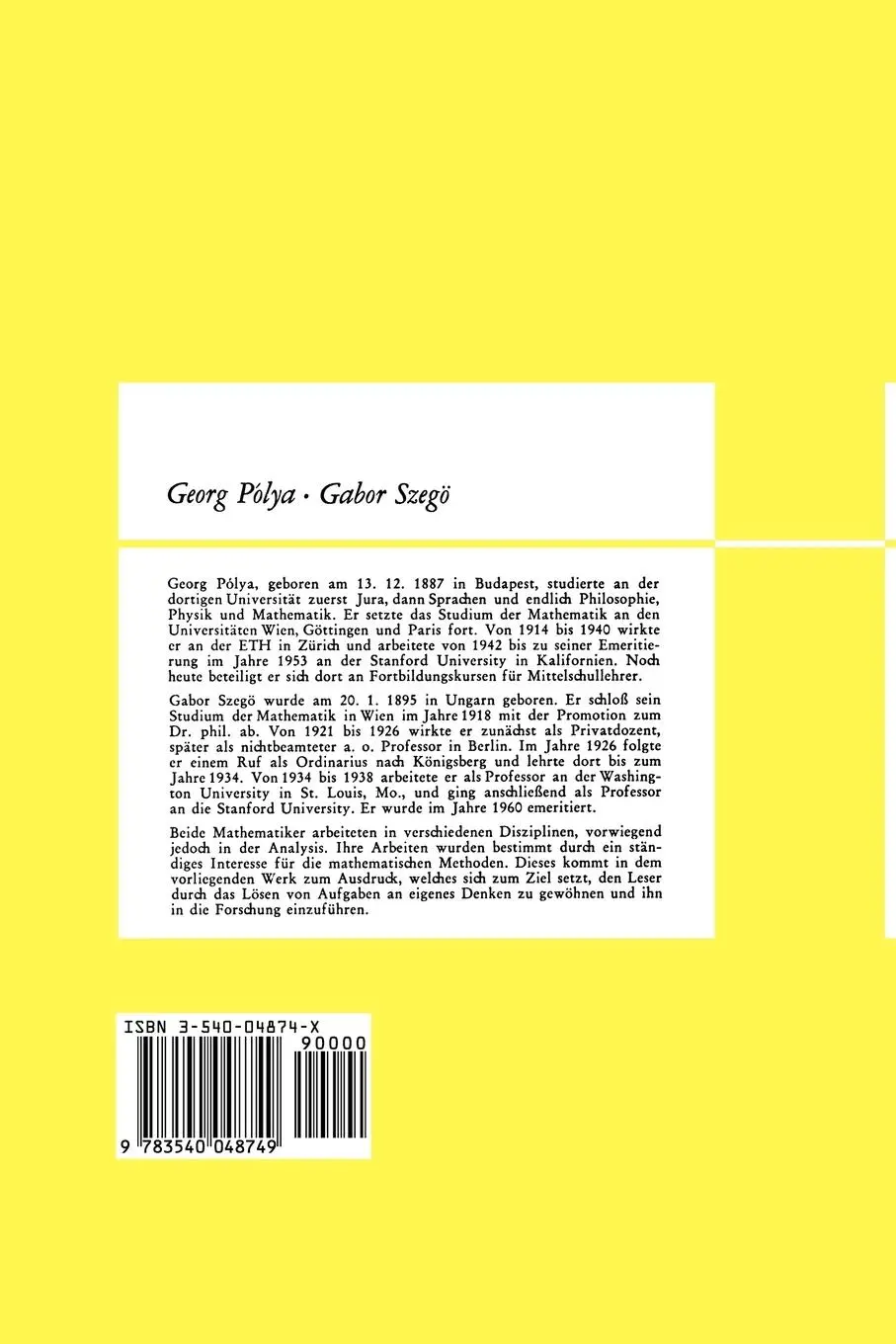 Rückseite: 9783540048749 | Aufgaben und Lehrsätze aus der Analysis | Gabor Szegö (u. a.) | Buch