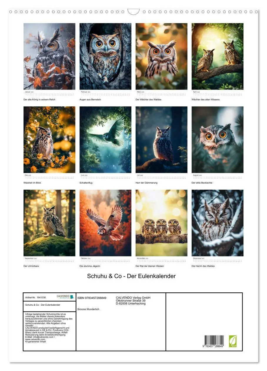 Bild: 9783457288849 | Schuhu &amp; Co - Der Eulenkalender (Wandkalender 2026 DIN A2 hoch),...