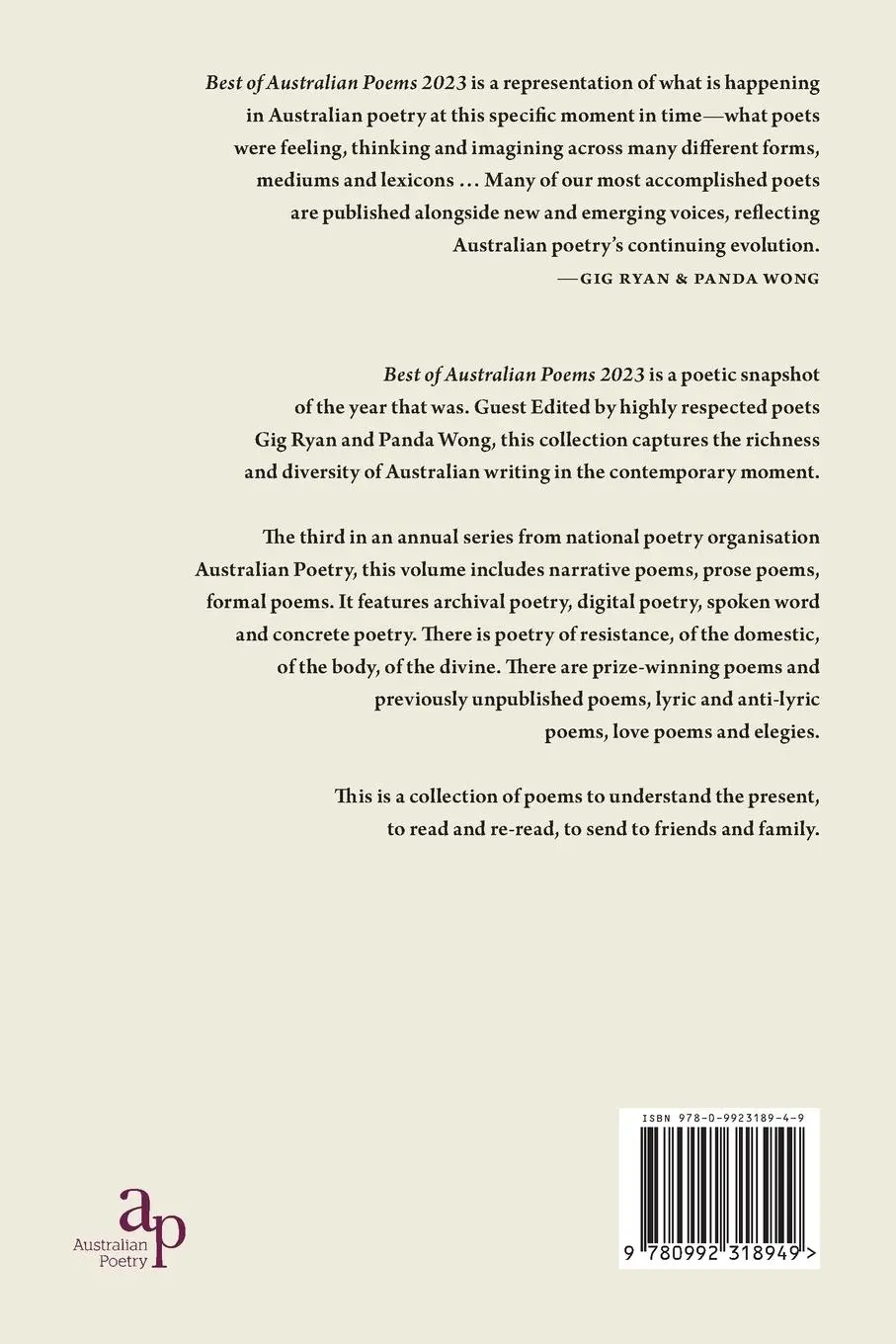 Rückseite: 9780992318949 | Best of Australian Poems 2023 | Gig Ryan (u. a.) | Taschenbuch | 2023